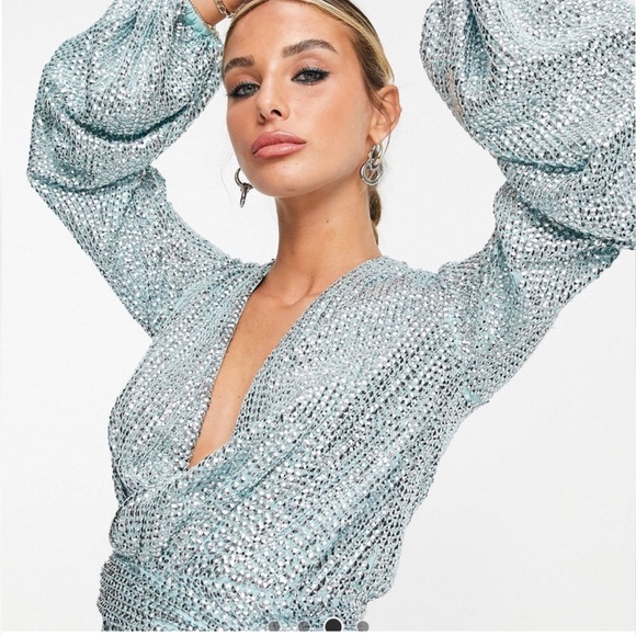 New ASOS DESIGN Wrap Mini Dress with Volume Sleeve in Mint Sequin - Picture 2 of 14